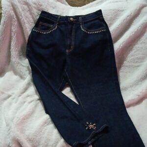 KAREN KANE   Rinestone Dark Blue Jeans..1 MISSING STONE AT HEM